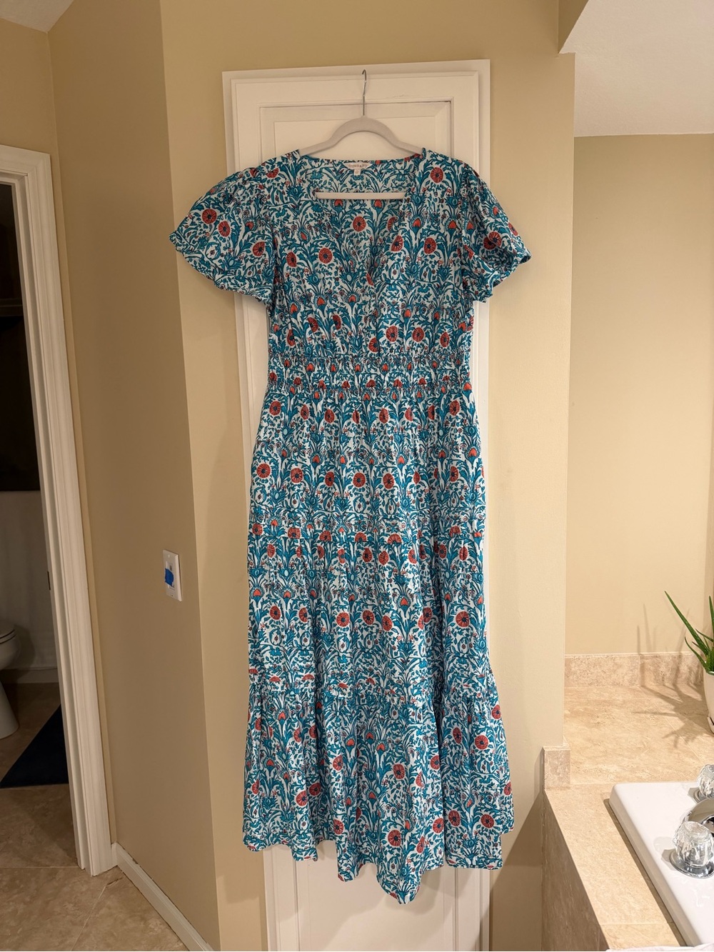 crown & ivy Teal Floral Midi Dress with Red Accents